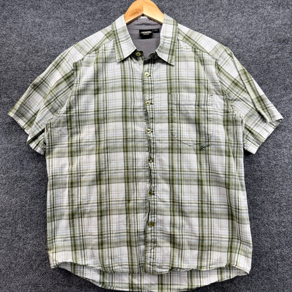KAVU Mens Plaid Short Sleeve Button Up Shirt Green White‎ Blue Size Medium